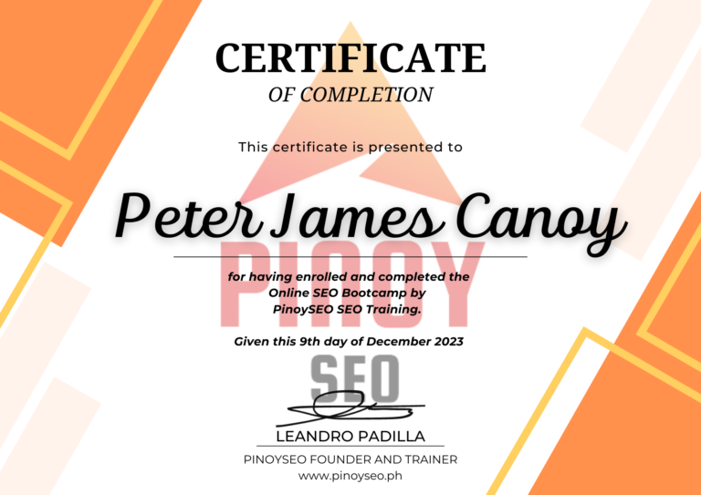 SEO Expert Certificate Peter James Canoy